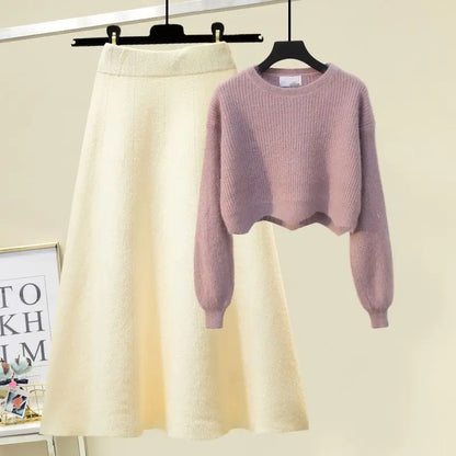 plus Size Women's Autumn Winter Knitted Sweater White Half-length Skirt Two-piece Set Slimming Concealing Anti-aging