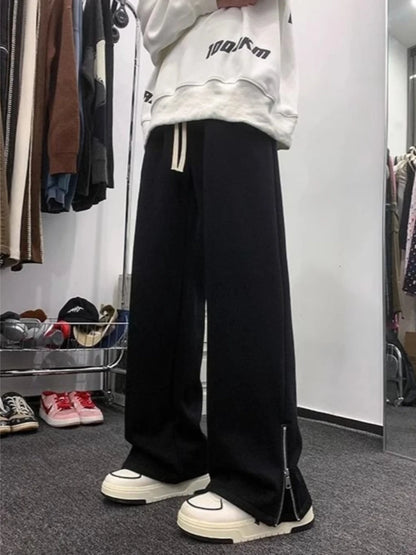 Men’s Thickened Fleece Joggers High Waist Slimming Zipper Pants Solid Color Casual Trousers for Autumn Winter Couple Unisex Wear