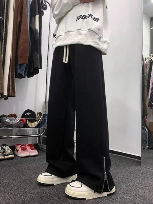 Men’s Thickened Fleece Joggers High Waist Slimming Zipper Pants Solid Color Casual Trousers for Autumn Winter Couple Unisex Wear