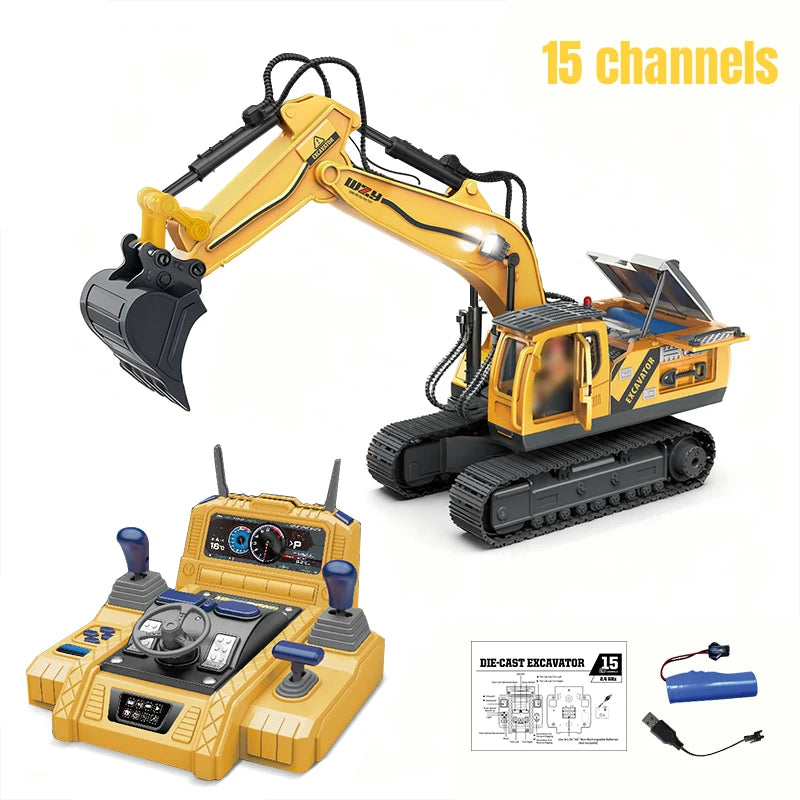 RC Excavator Truck Alloy 12/13/15CH  Engineering Vehicle Sound Spray Lighting 680 Rotation Car Kids Toys for Boys Christmas Gift