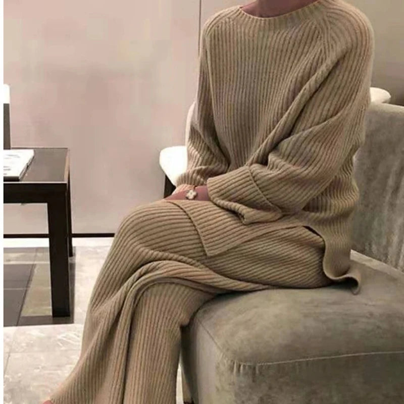 Women Elegant Sweater Suit Elegant Knitted Two Pieces Set Autumn Winter Oversized Pullover and Trousers Suit Female Outfits 2022