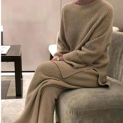 Women Elegant Sweater Suit Elegant Knitted Two Pieces Set Autumn Winter Oversized Pullover and Trousers Suit Female Outfits 2022