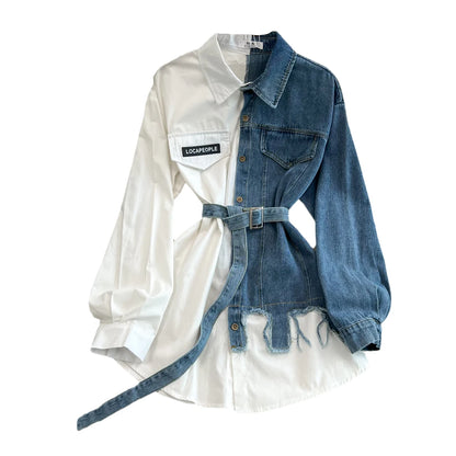 Retro Hong Kong Sle Casual Mid-Length Women's Denim irt with Belt Spring New Faion Chic Loose Fit Pure Color  Collar
