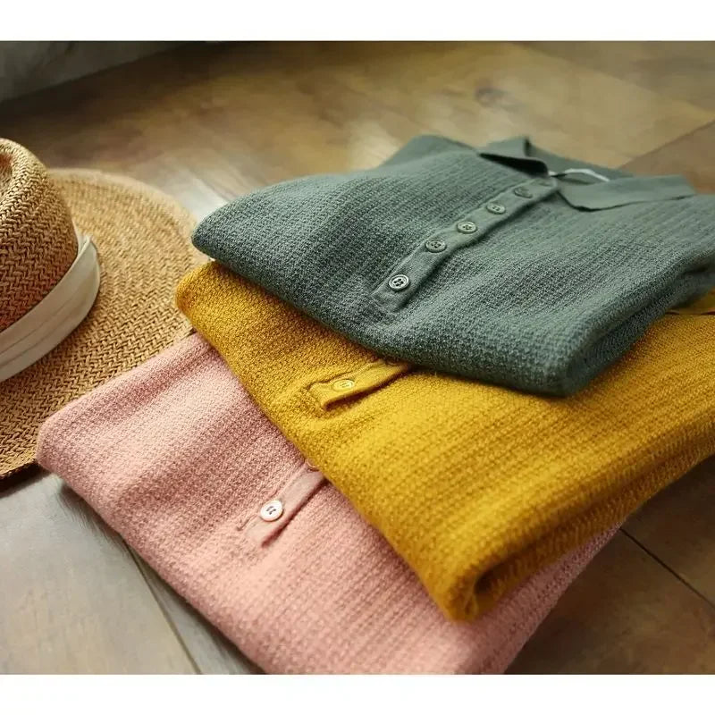 Yellow Polo Neck Shirt Button Knit Pink Women's T Shirts Plain Top Clothes Short Sleeve Tee New Synthetic Aesthetic Summer 2025