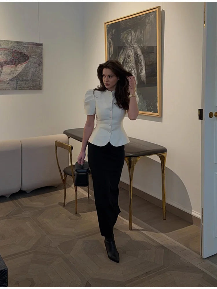 Women's Elegant Puff Sleeve Blouse Stand Collar Single-breasted Fitted Peplum Top Female Office Formal Occasions Cozy Clothes