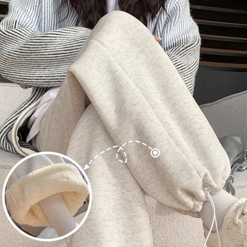 Thickened Fleece Women's Sports Pants Autumn Winter New Style Casual Loose Wide Leg Sweatpants High Waist Polyester Fiber