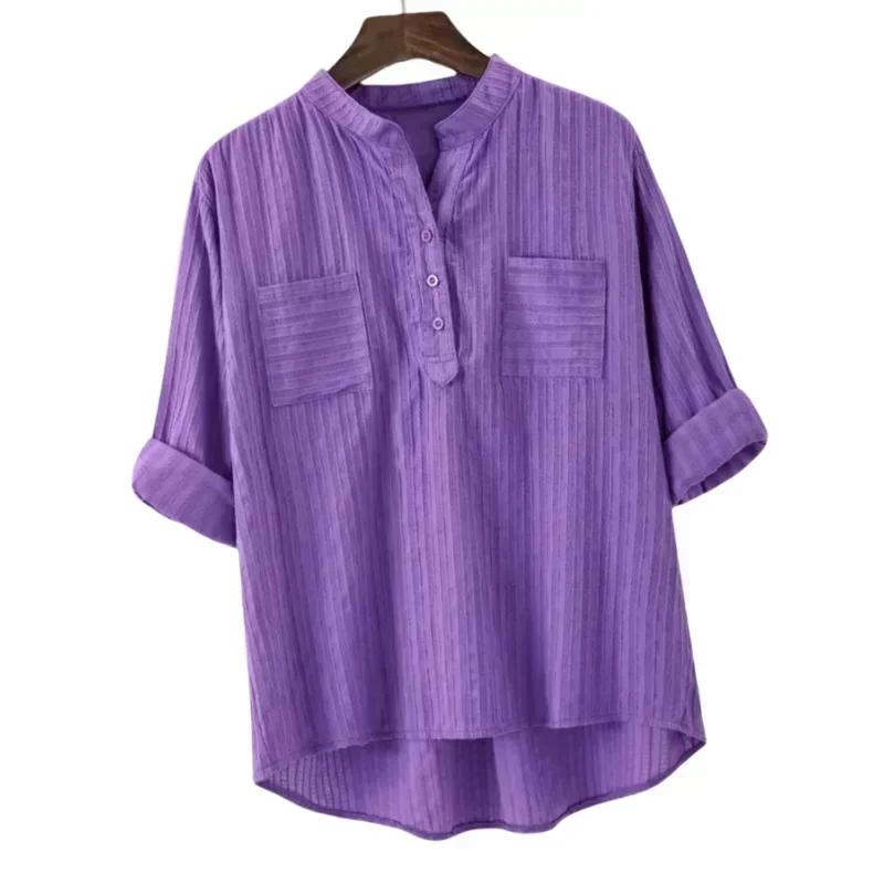 Plus Size Shirts Women's Cotton Tops Mujer Office Long Sleeve New Korean Loose Casual Vertical V-neck Shirts Top Blusas De Mujer