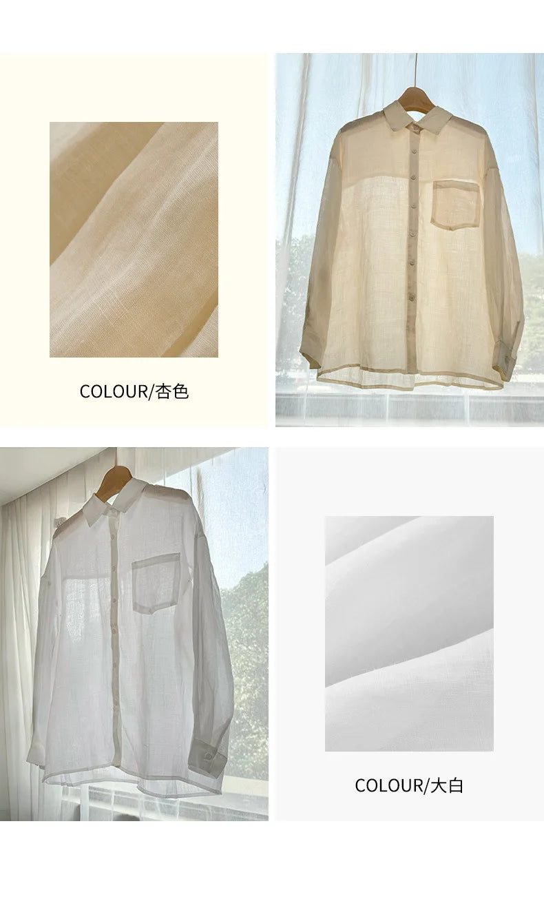 100% Ramie Thin Breathable Women Shirt Chic French Lapel Single-Breasted Cardigan Ladies Loose Simple Long-Sleeved Shirts