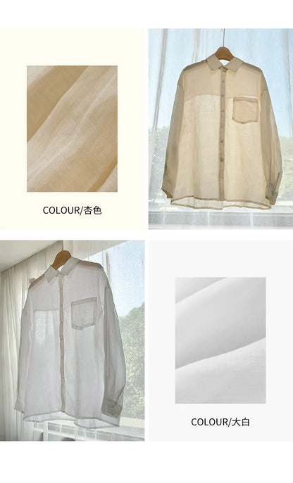 100% Ramie Thin Breathable Women Shirt Chic French Lapel Single-Breasted Cardigan Ladies Loose Simple Long-Sleeved Shirts