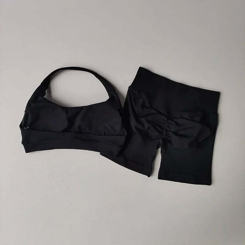 Women's Seamless Halter Yoga Set 2 Piece High Waist Scrunch Butt Shorts Quick Dry Breathable Gym Activewear