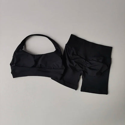 Women's Seamless Halter Yoga Set 2 Piece High Waist Scrunch Butt Shorts Quick Dry Breathable Gym Activewear