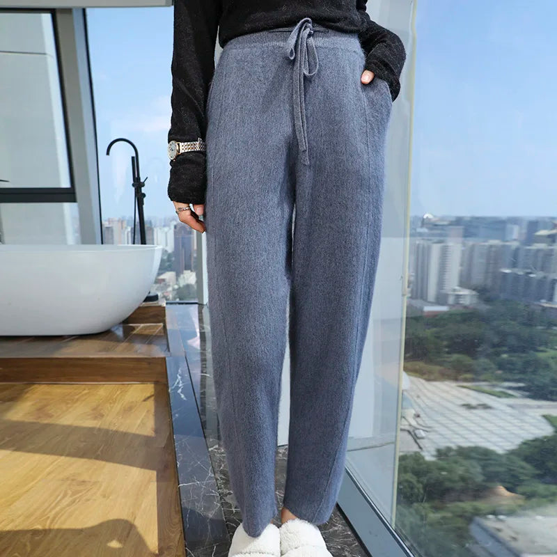 100% mink wool knitted high-waisted pencil pants women's casual autumn and winter new warm solid color thick cashmere pants