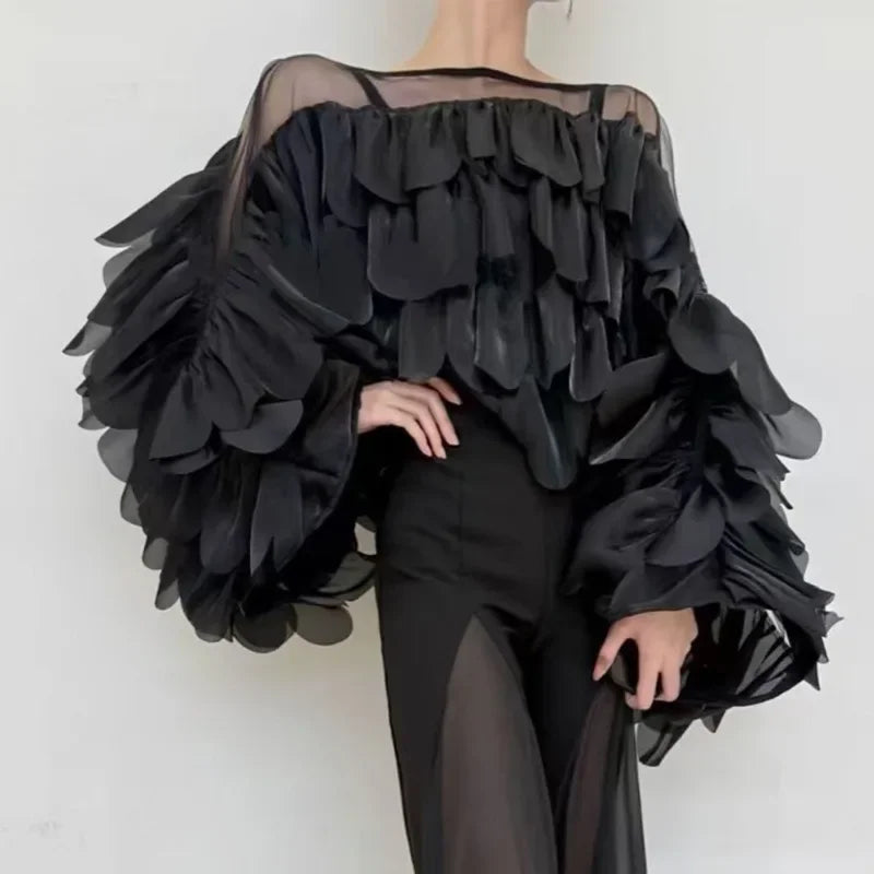 Women's Spring Autumn Tops Shirt Bat Sleeve Ruffle Irregular New Retro Simple Comfortable Loose Casual New Soft Niche Versatile
