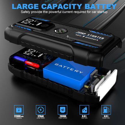 12V 2000A High-capacity portable Car Jump Starter,Multifunctional car booster with lighting charging capabilities