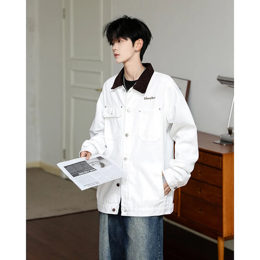 Men's Workwear Denim Shirt Spring Summer Fashion Breathable Cotton Blend Contrast Collar Loose Top Street Urban Commuter Wear