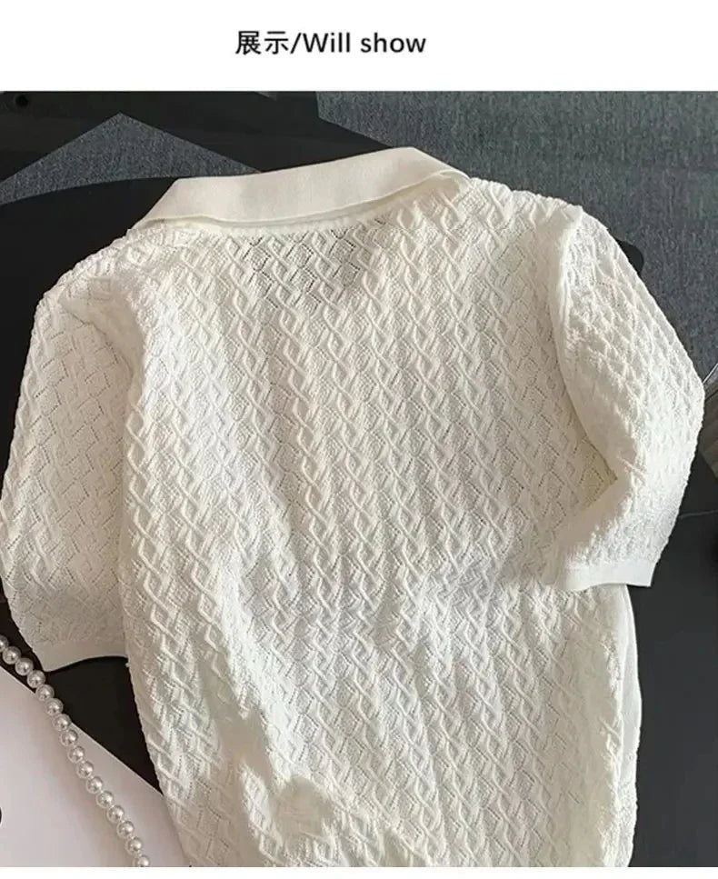 FANAN Ice Silk Polo Shirt Knitted Short Sleeve T-Shirts Lady New Chic Thin Unique Jacquard Women Tops 2025 Korean Style Clothing
