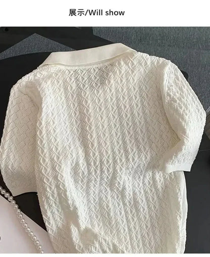 FANAN Ice Silk Polo Shirt Knitted Short Sleeve T-Shirts Lady New Chic Thin Unique Jacquard Women Tops 2025 Korean Style Clothing