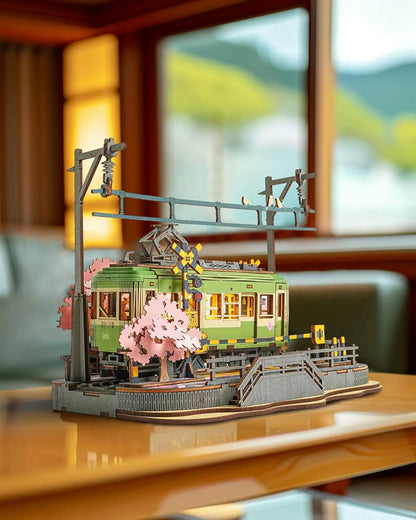 Robotime 3D Puzzles Sakura Journey DIY Model Building Toy with LED Light Wooden Craft Kits Tram Hobby for Kids Brain Teaser Gift