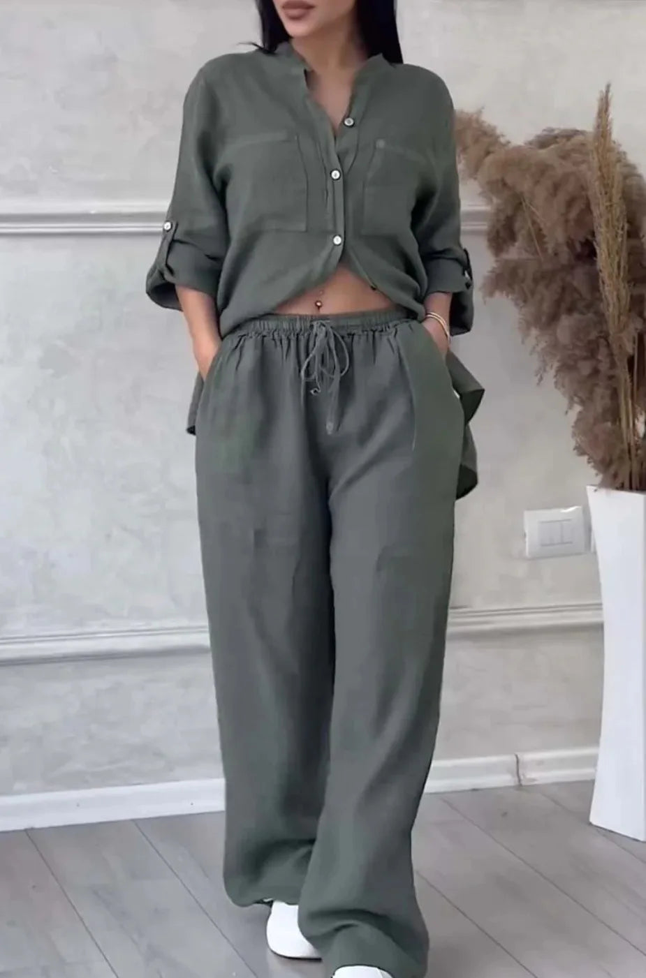 Women's  Color Long Sleeve Shirt And Wide Leg Pants Two-Piece Set Button-Up Tie Waist Long Pants Fashionable Ensemble
