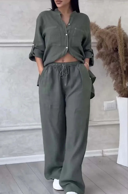 Women's  Color Long Sleeve Shirt And Wide Leg Pants Two-Piece Set Button-Up Tie Waist Long Pants Fashionable Ensemble