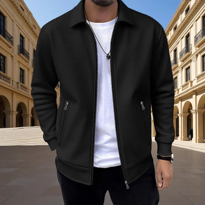 Men's Slim-fit Cardigan Solid-color Lapel Waffle Texture Zipper Pocket Casual Spring/Autumn 2025 Fashion