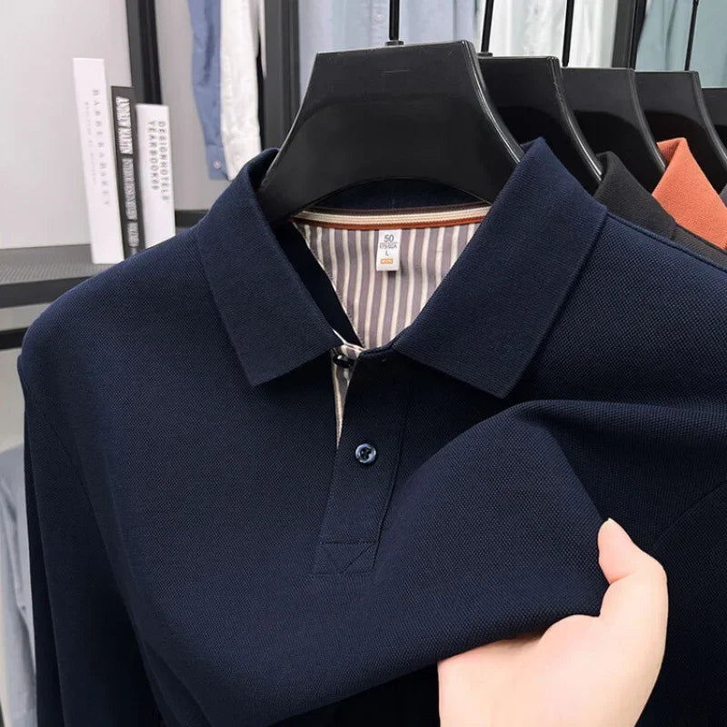 Men's casual long sleeved polo shirt autumn new loose solid color classic versatile lapel T-shirt