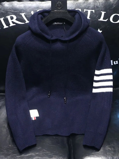 2025 Spring and Autumn New Fashion Trend Thickened Warm Striped Hooded Sweater Men's Casual Loose Sports High Quality Knitwear