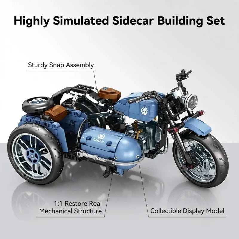 Classic Sidecar Motorcycle Building Blocks, High Reduction Vintage Trike Model Kit, Creative Assembly Toy for Adult Builders