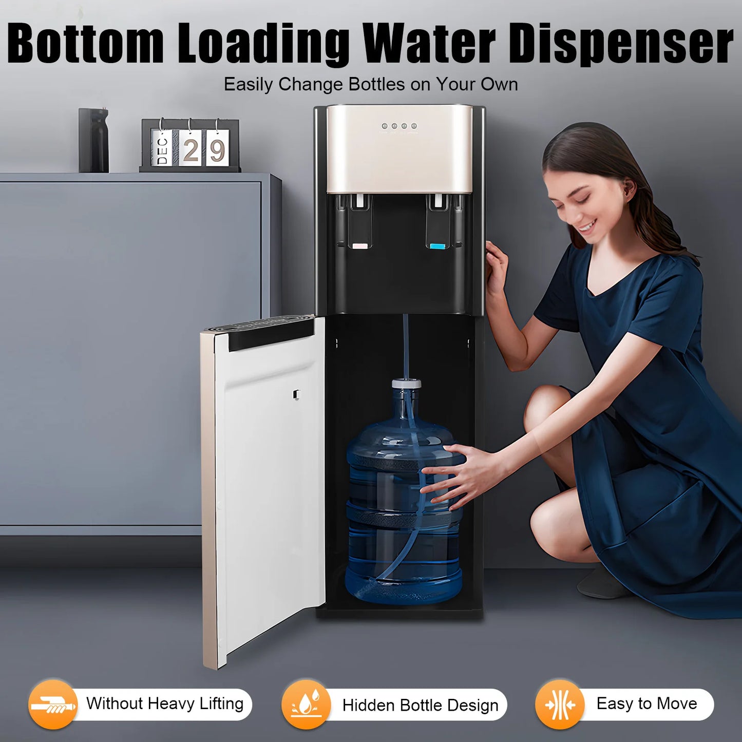 Water Dispenser Hot Cold Water Cooler Dispenser Bottom Loading Fast 0.16GalH 450W Heating 70W Cooling 304 Stainless Steel 110V US Plug No Assembly Gold