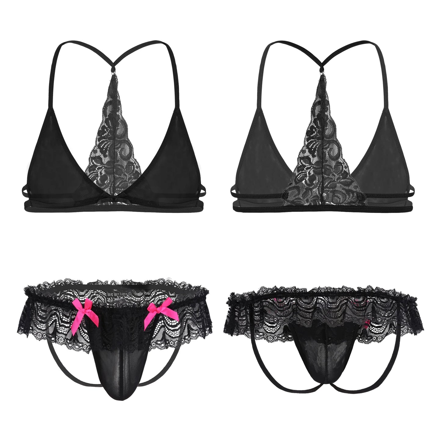 Men Satin Lingerie Suit Sissy Nightwear Sheer Mesh Patchwork Bra Tops with Briefs Thongs Exotic Sleepwear Gay Male Underwear