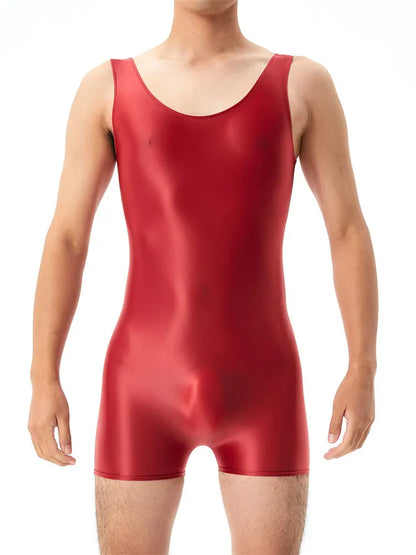 Oil Shiny Glossy Bodysuits Seamless Front Pouch Tights Body Man Sexy Transparent Waist Shapers Men Playsuit Sleeveless Bodysuit