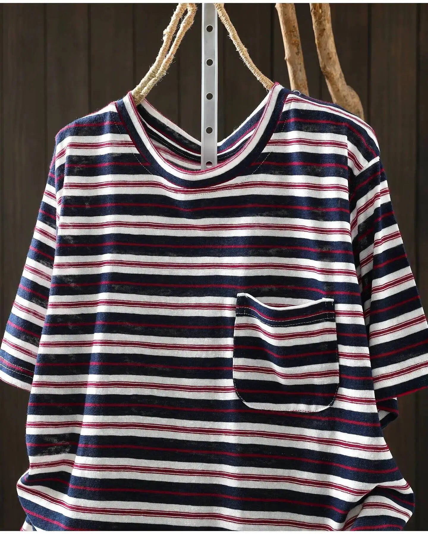 Women Summer Short-sleeve T-shirt 2026 Summer New Stylish Striped Single-pocket Loose T-shirt ZXY154