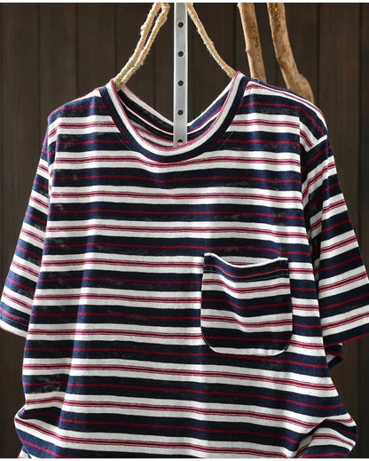 Women Summer Short-sleeve T-shirt 2026 Summer New Stylish Striped Single-pocket Loose T-shirt ZXY154