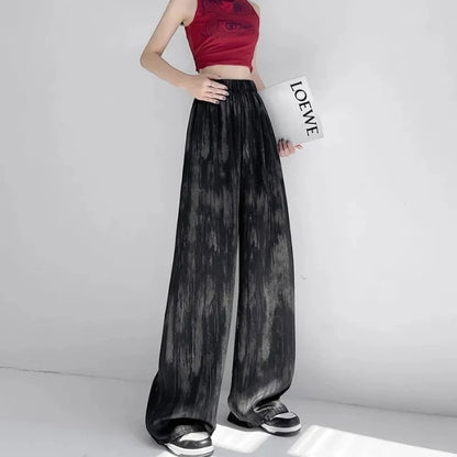 Summer Thin Ice Silk Satin Dyed Wide Leg Pants Women Loose Casual Drape High Waist Slimming Pants Ins Straight Leg Elastic Wa...