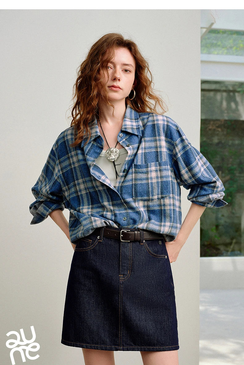 TOYOUTH Women Brushed Shirts 2026 Spring New Mid-Length Gradient Blue-White Plaid Loose Blouses