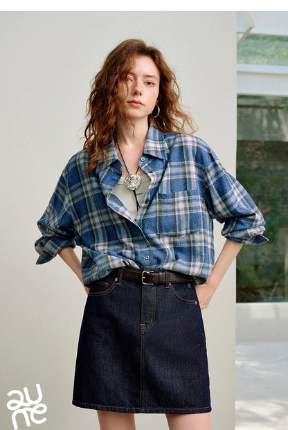 TOYOUTH Women Brushed Shirts 2026 Spring New Mid-Length Gradient Blue-White Plaid Loose Blouses