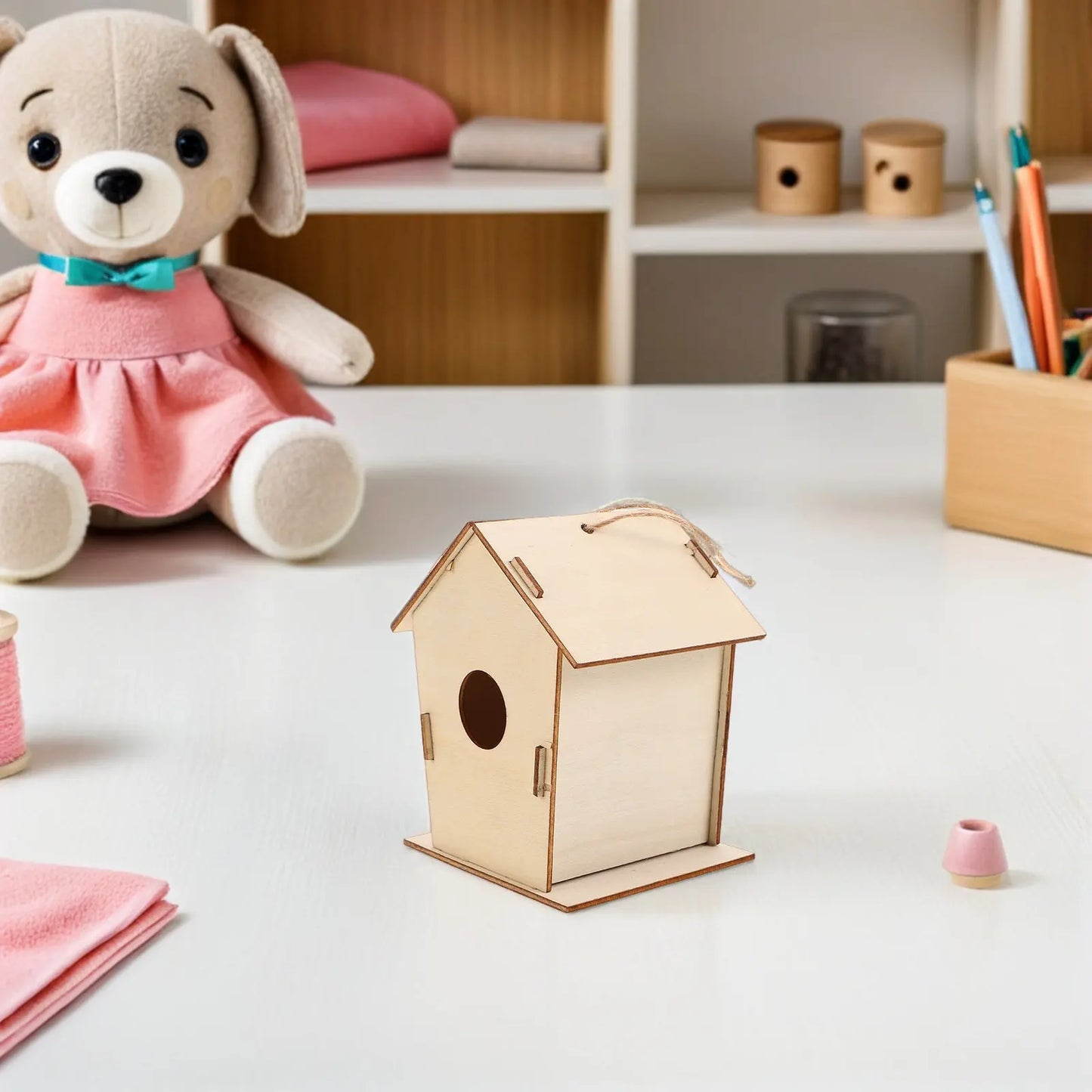 6Pcs DIY Wooden Birdhouse Painting Craft for Kids Outdoor Hanging Unpainted Wood Bird Houses to Paint Birdhouse Kit for Kids