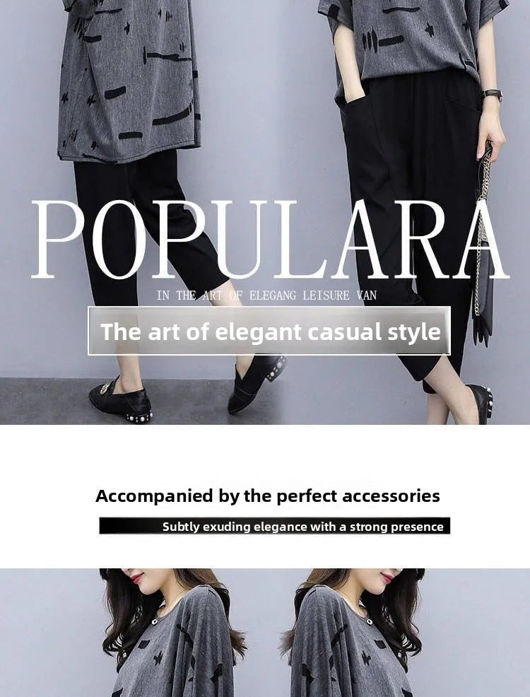 plus Size Summer Outfit Women's Batwing Sleeve Cover Belly Top And Seven Inch Pants Two Piece Set Fashionable plus Size Ensemble