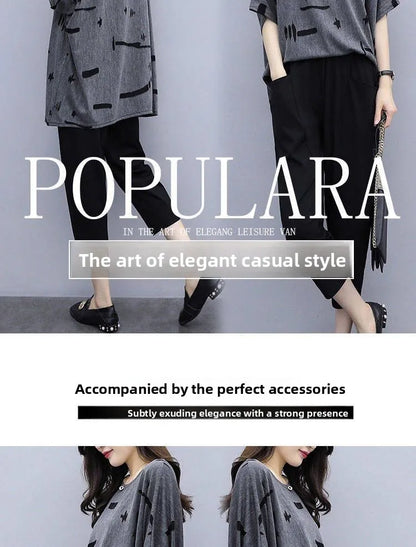 plus Size Summer Outfit Women's Batwing Sleeve Cover Belly Top And Seven Inch Pants Two Piece Set Fashionable plus Size Ensemble