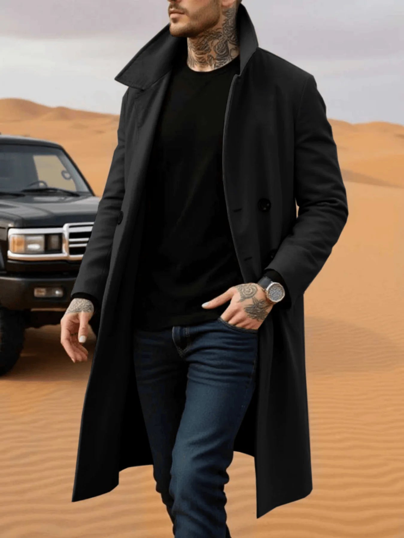 Winter Essential Trench! Men's Woolen Coat With Lined Early Autumn Classic Trench Style, Solid Jacket, Travel Ready!
