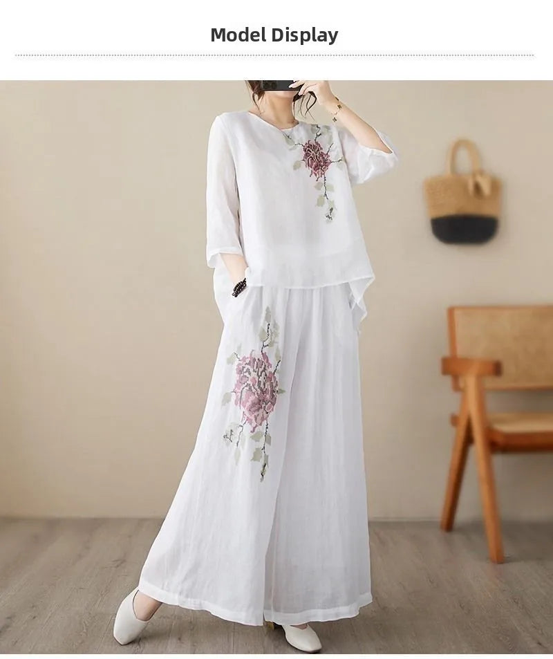 plus Size Women's Retro Cotton Linen Set Wide Leg Pants Slimming Mom Two Piece Suit Spring Fashion Korean Style Commute Wear