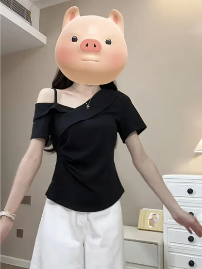 plus Size Slim Fit Short Sleeve Cross Neck Shoulder Bared T-Shirt Casual Style Versatile Summer New Arrival Women's Top