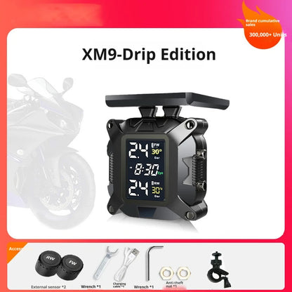 Waterproof Motorcycle TPMS, Solar & Magnetic Charging Tire Pressure Monitor System with 2 External Sensors & HD LED Display