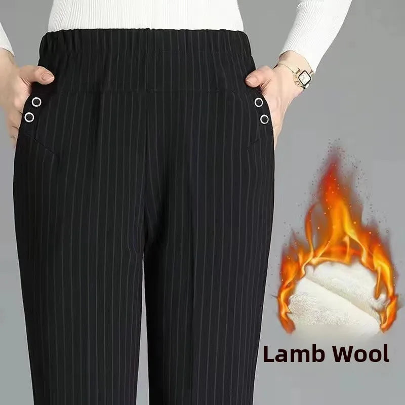 Women's Fleece Lined Loose Straight Leg Elastic Waist Casual Pants Thickened Autumn Winter New Style Cotton Sheepskin Velvet