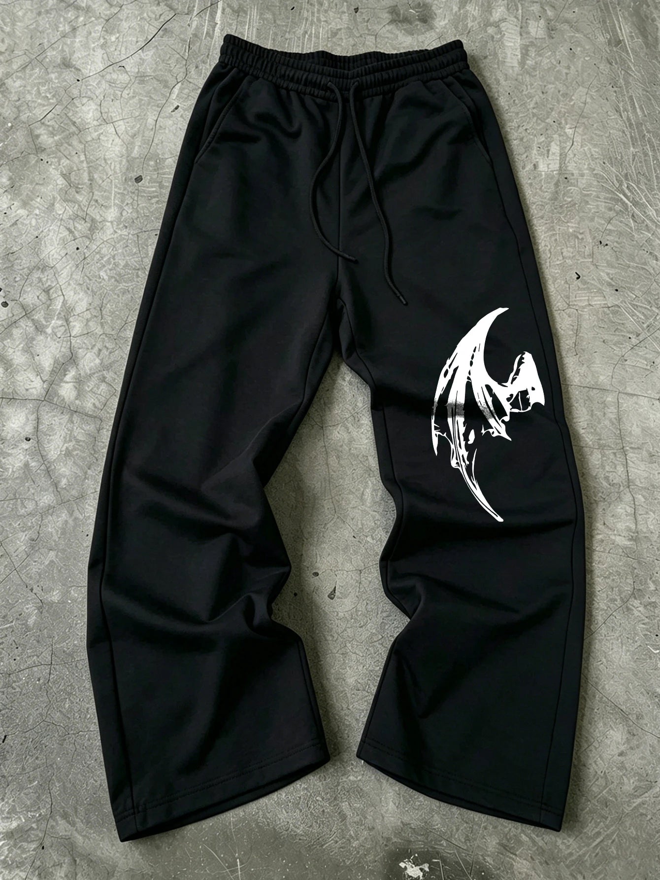 Mens Dark Gothic Spider Bat Wing Print Baggy Wide Leg Sweat Pants Loose Straight Drawstring Hip Hop Street Joggers