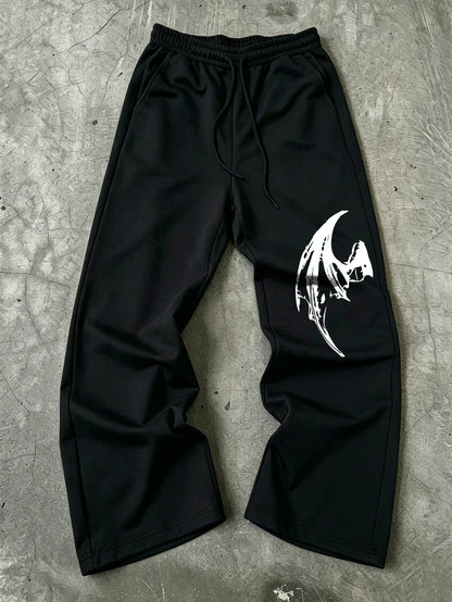 Mens Dark Gothic Spider Bat Wing Print Baggy Wide Leg Sweat Pants Loose Straight Drawstring Hip Hop Street Joggers