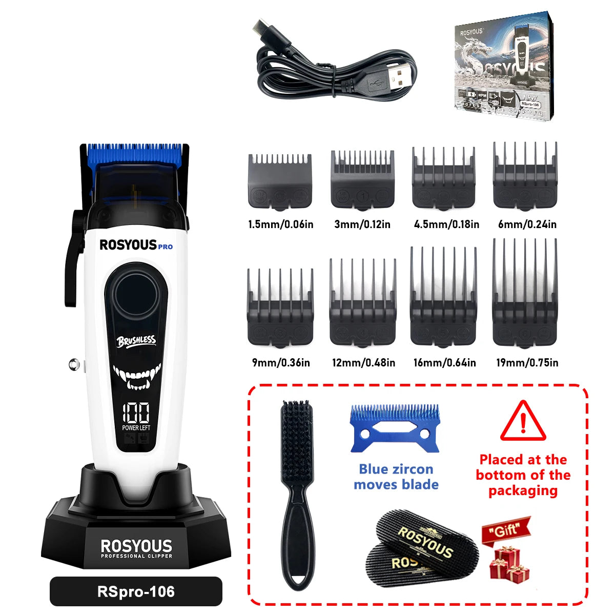 ROSYOUS RSpro-202 Hair Trimmer for Men DLC T-Blade 8000RPM Brushless Motor with Base Charger Professional Hair Cutting Machine