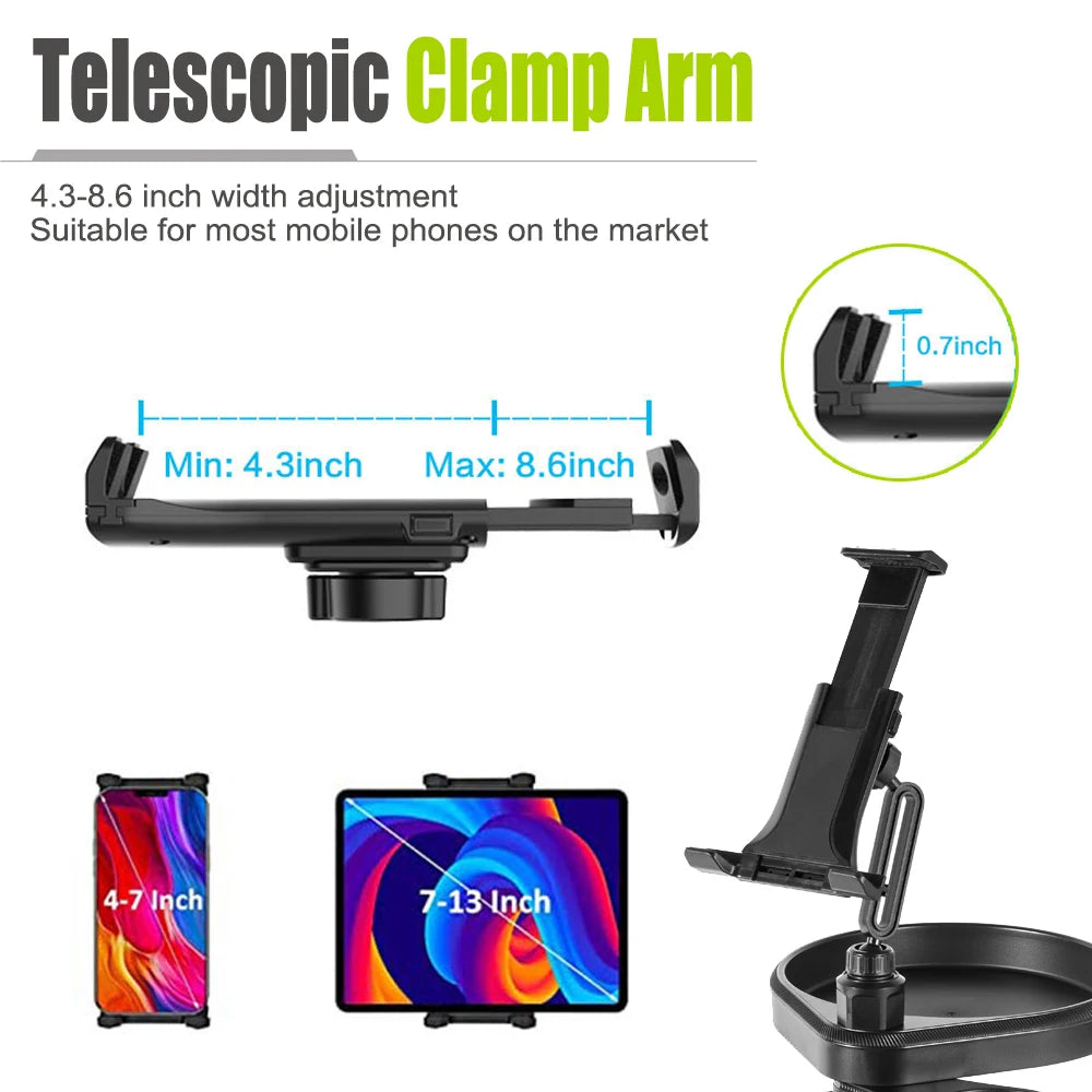 New Car Cup Holder Tray Adjustable with Phone Holder Tablet Tray Table 2 Cup Holders Road Trip & Car Traveling Essential Gadget