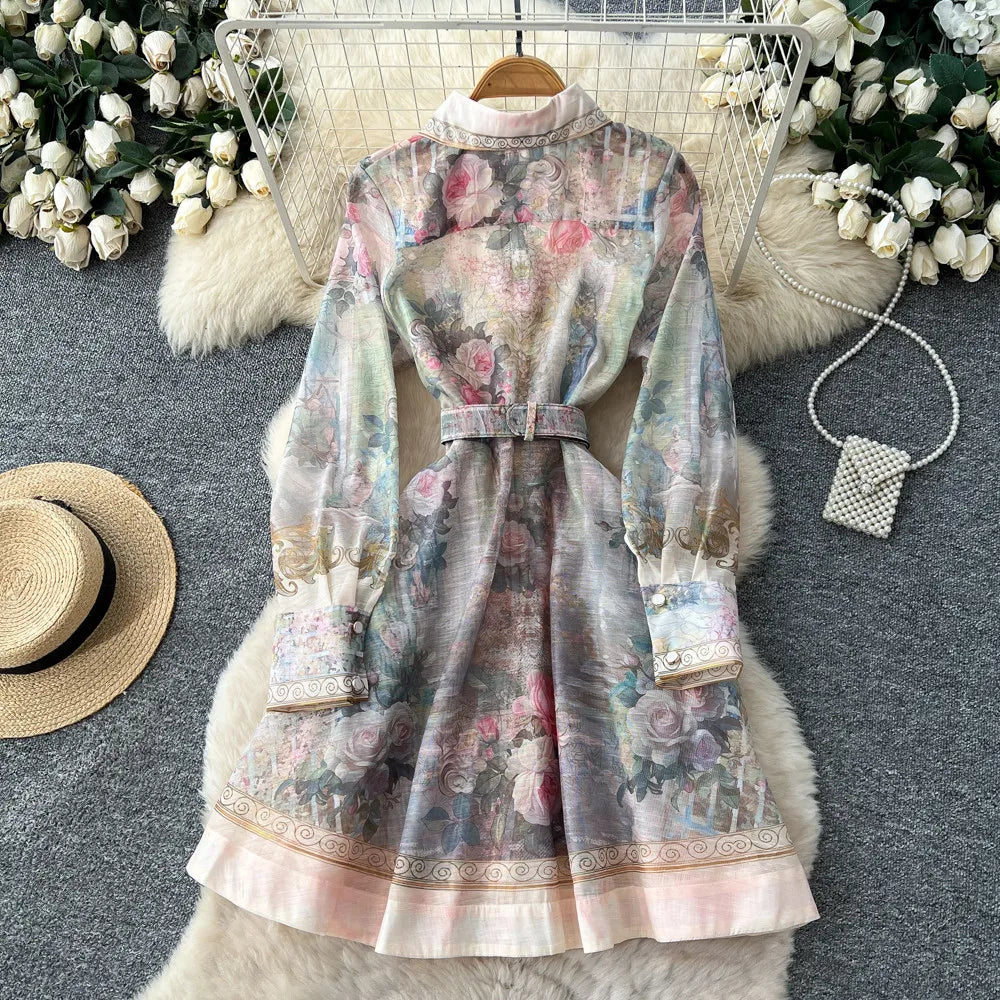 Elegant Flower Printed Linen Mini Dress with Long Lantern Sleeves Women's Lapel Single-Breasted for Birthday Party Club Wear
