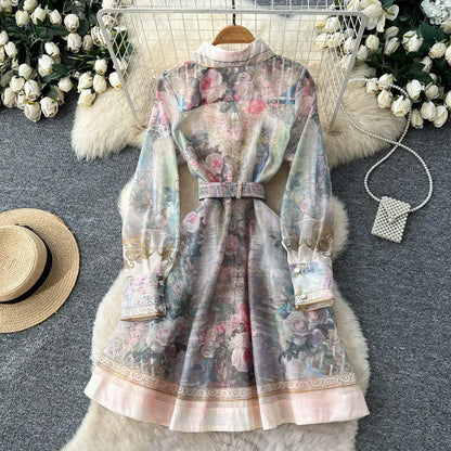 Elegant Flower Printed Linen Mini Dress with Long Lantern Sleeves Women's Lapel Single-Breasted for Birthday Party Club Wear
